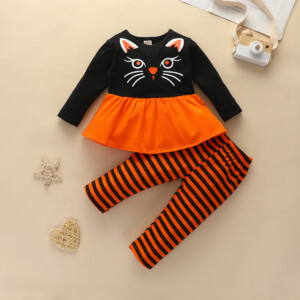 Baby Girl Cat Print Top and Striped Pants Sets