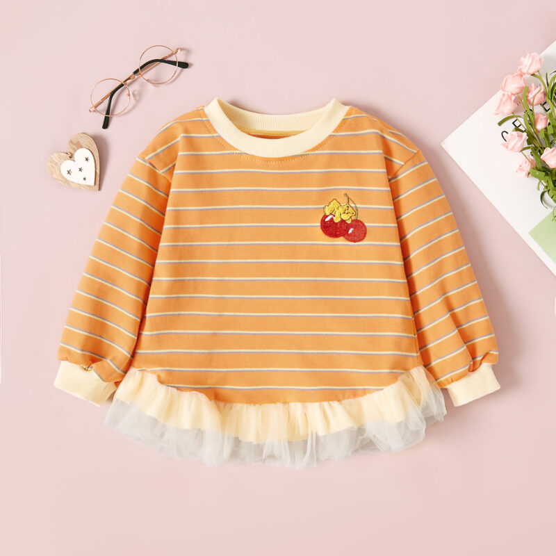 Baby / Toddler Girl Cherry Striped Splice Mesh Long-sleeve Pullover