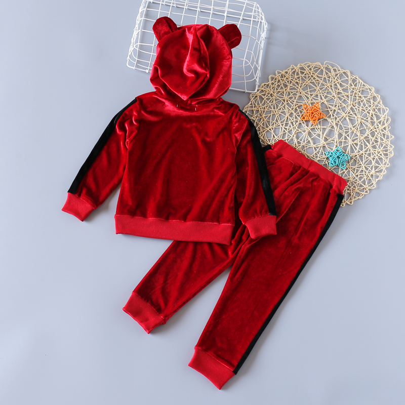 2-piece Baby / Toddler Girl Solid Striped Velvet Animal Bear Hoodie and Solid Striped Velvet Pants Set