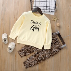 2-piece Baby / Toddler Girl Letter Solid Long-sleeve Top and Leopard Print Pants Set