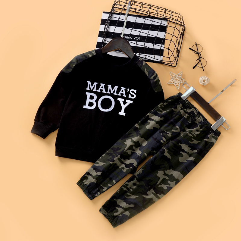 2-piece Baby / Toddler Boy Letter Long-sleeve Top and Camouflage Pants Set