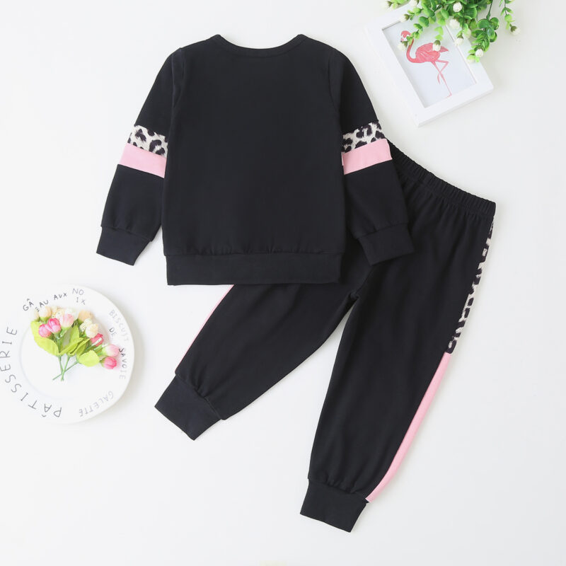 2-piece Baby / Toddler Girl Splice Colorblock Leopard Print Long-sleeve Pullover and Pants Set