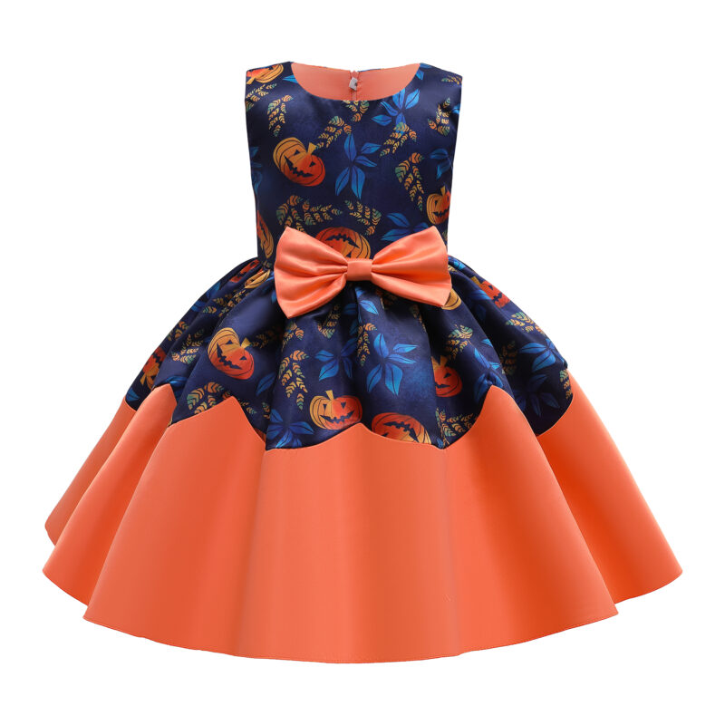 Toddler Girl Halloween Pumpkin Pattern Bowknot Ruffle Costume Dress