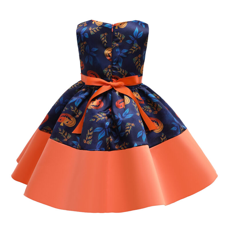 Toddler Girl Halloween Pumpkin Pattern Bowknot Ruffle Costume Dress