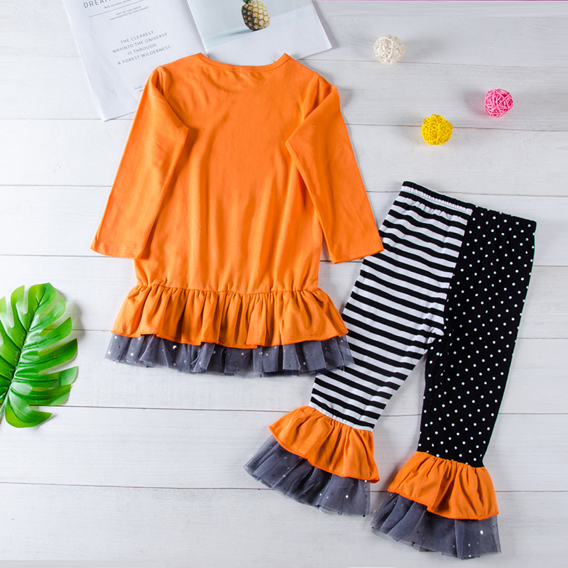 2-piece Baby / Toddler Girl Halloween Ghost Print Ruffle Long-sleeve Top and Colorblock Polka dots Striped Ruffle Grenadine Pants Set