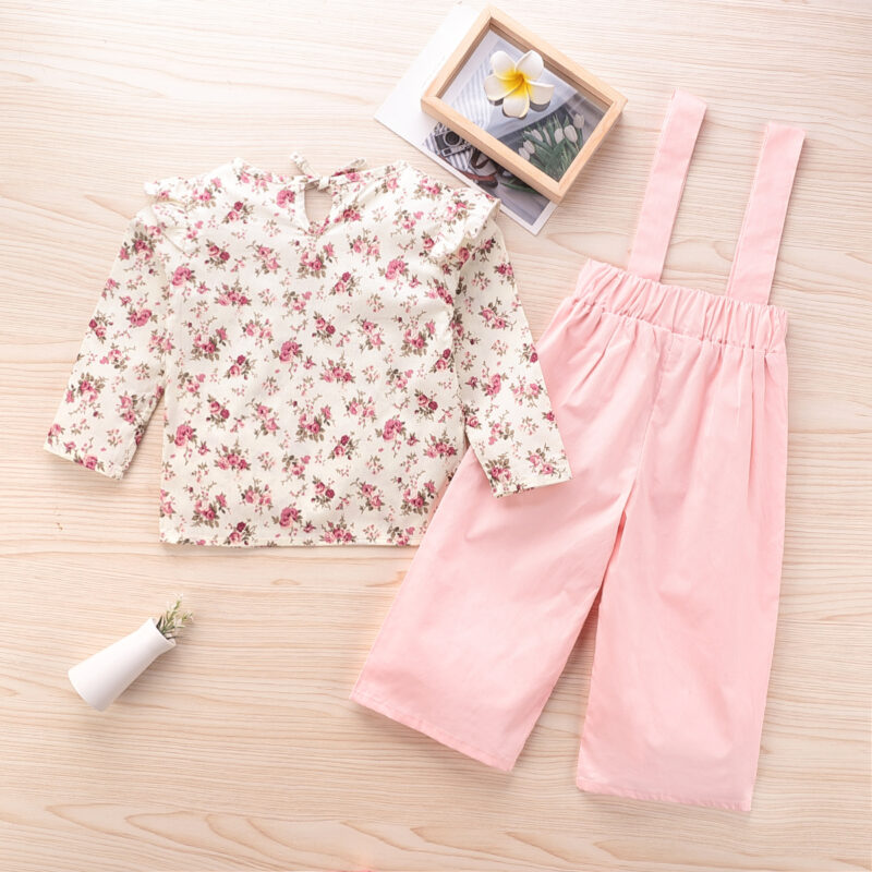 2-piece Baby / Toddler Girl Floral Allover Ruffle Bowknot Long-sleeve Top and Solid Overalls Set