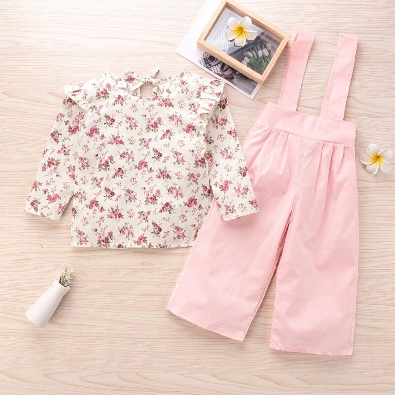2-piece Baby / Toddler Girl Floral Allover Ruffle Bowknot Long-sleeve Top and Solid Overalls Set