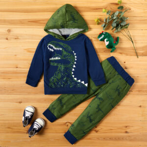 2-piece Baby / Toddler Cartoon Dinosaur Hooded Long-sleeve Pullover and Pants Set