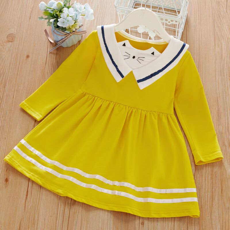 Baby / Toddler Girl Striped Animal Cat Embroidered Pattern Long-sleeve Dress