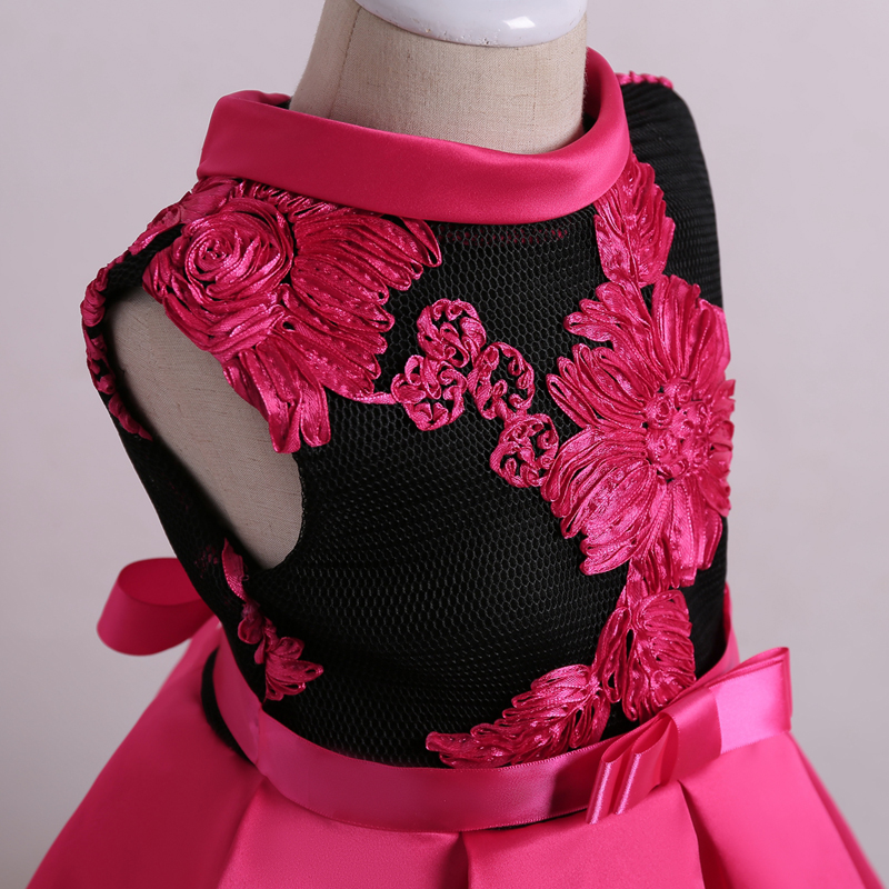 Girl's Elegant Flower Embroidered Sleeveless Pleated Party in Hot Pink