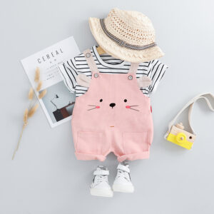Baby / Toddler Girl Striped Tee and Cartoon Animal Print Overalls