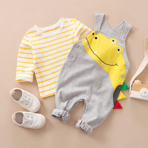 Baby Boy Striped Long-sleeve Tee and Dino Overalls Set