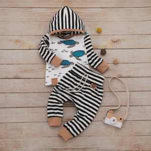 Baby Boy Turtle Print Striped Hoodie and Pants Set