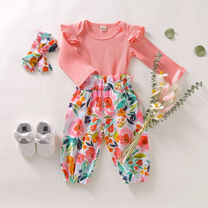 3-piece Baby Girl Pink Ruffled Long-sleeve Bodysuit and Floral Pants with Headband Set