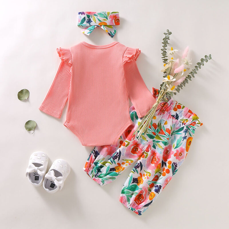 3-piece Baby Girl Pink Ruffled Long-sleeve Bodysuit and Floral Pants with Headband Set