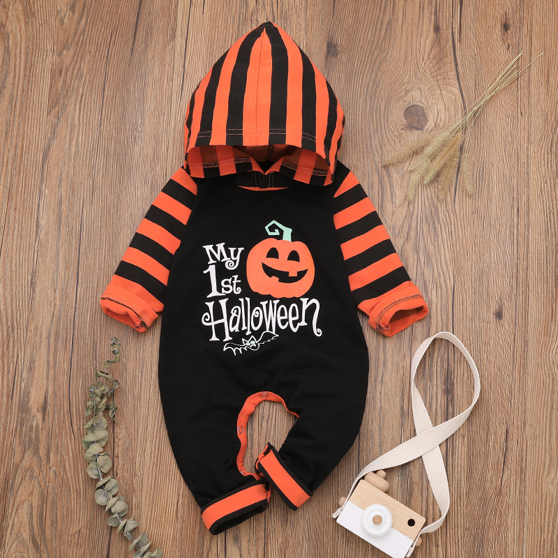 Baby Boy Halloween Style Pumpkin Print Hooded Long-sleeve Jumpsuit