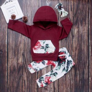 Baby / Toddler Floral Pocket Solid Long-sleeve Hoodie and Bow Pants Set