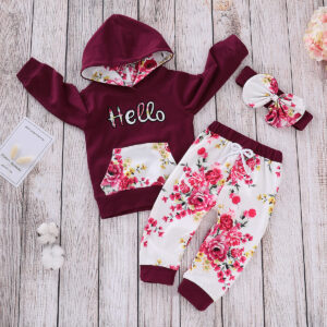 3-piece Baby Girl HELLO Print Floral Long-sleeve Hoodie and Adorable with Headband Set
