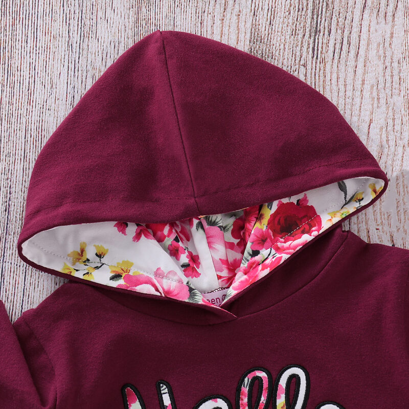 3-piece Baby Girl HELLO Print Floral Long-sleeve Hoodie and Adorable with Headband Set