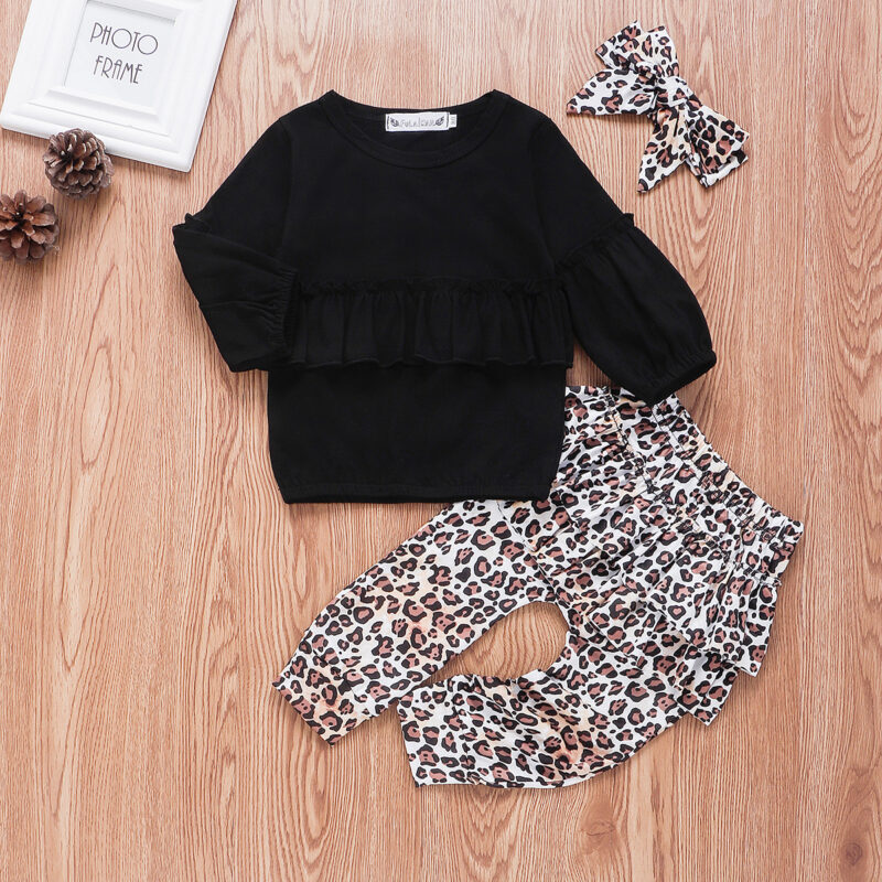 3-piece Baby Girl Solid Ruffled Long-sleeve Top and Leopard Print Pants with Headband Set