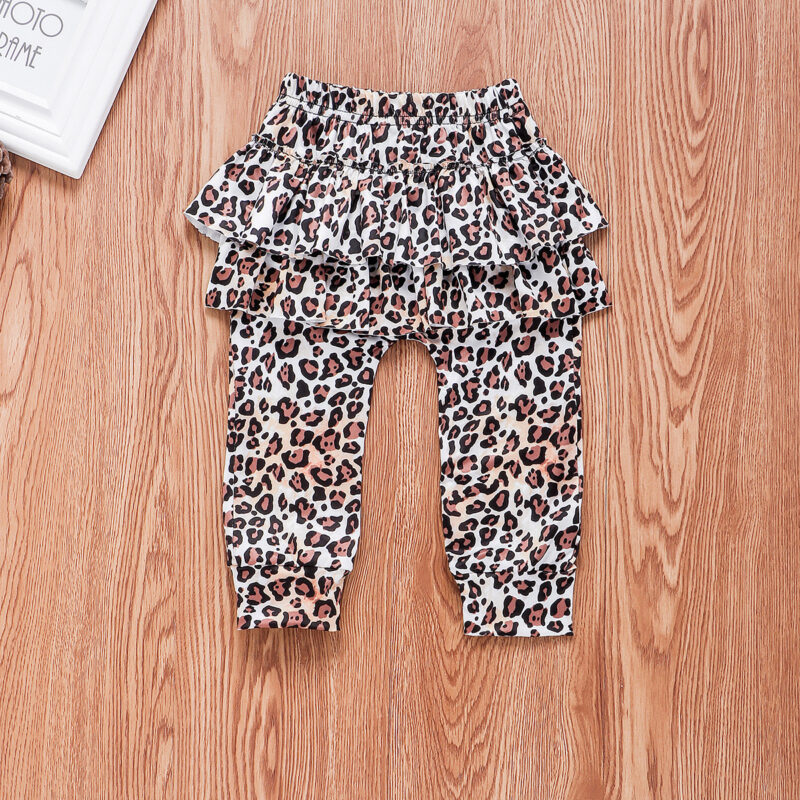 3-piece Baby Girl Solid Ruffled Long-sleeve Top and Leopard Print Pants with Headband Set