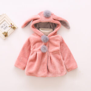 Baby / Toddler Girl Adorable Bunny Ear Decor Pompon Solid Fleece Warm Hooded Coat
