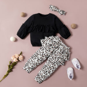 Baby Flounced Solid Top and Leopard Pants with Headband Set