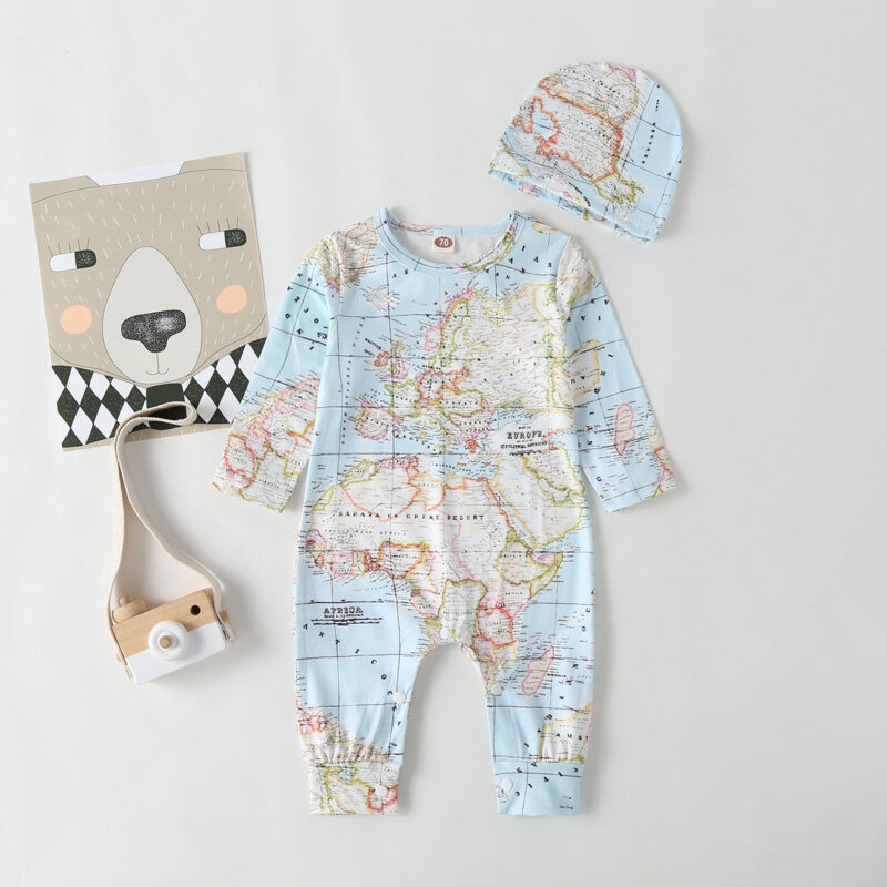 Baby Boy Map Style Long-sleeve Jumpsuit and Hat