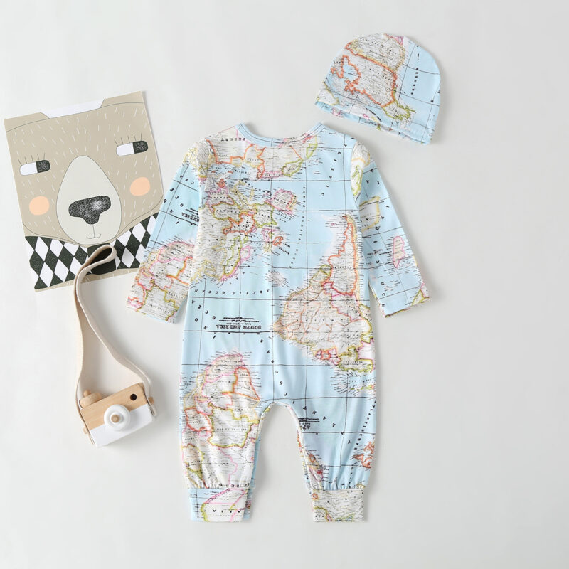 Baby Boy Map Style Long-sleeve Jumpsuit and Hat