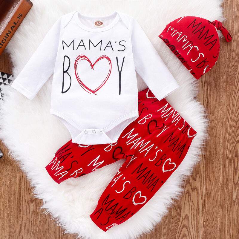 Baby Valentine Letter Print Bodysuit and Pants with Hat Set