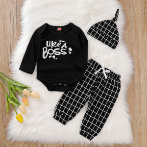 Baby Boy Letter Print Bodysuit and Plaid Pants with Hat Set