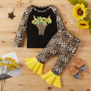 Girls Leopard Print Top and Bellbottom Pants Set