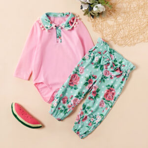Baby Doll Collar Tasseled Romper and Floral Pants Set