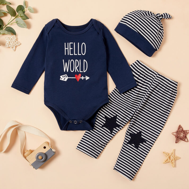 3-piece Baby HELLO WORLD Print Bodysuit and Striped Pants with Hat Set