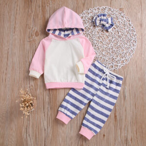 Baby Girl 3-piece Hoodie and Striped Pants Set