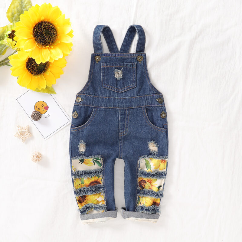 Sunflower Print Denim Suspender Pants For Girls