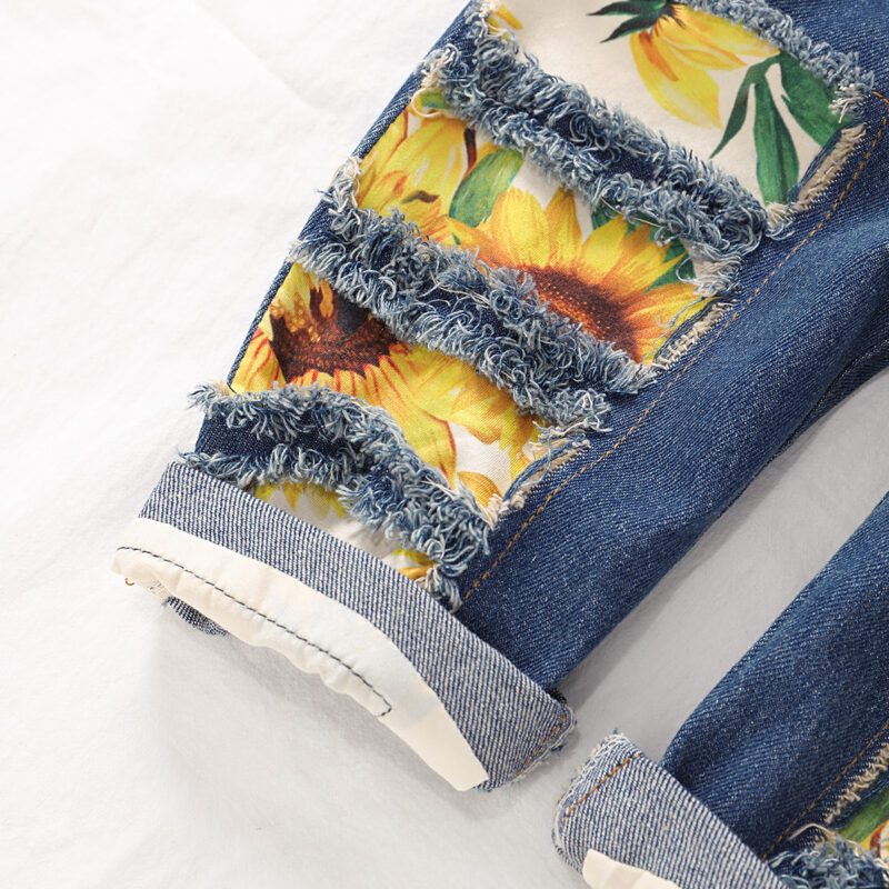 Sunflower Print Denim Suspender Pants For Girls
