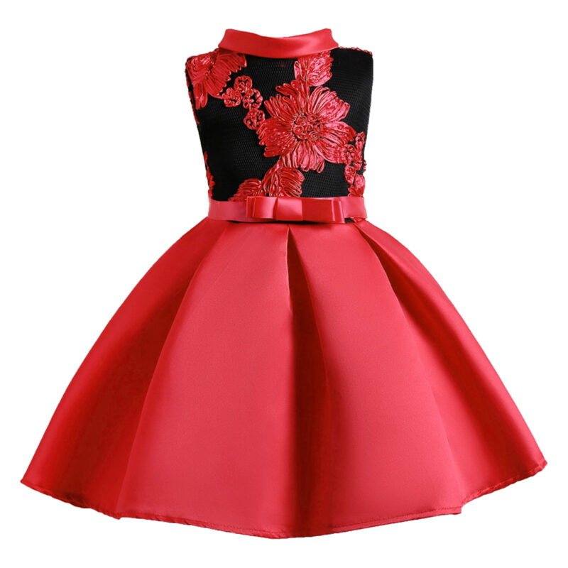 Girl's Elegant Flower Embroidered Sleeveless Pleated Party in Hot Pink