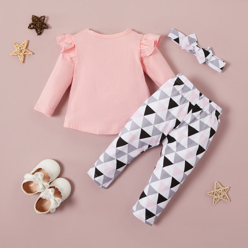 3-piece Letter Print Long-sleeve Top and Geo Print Pants Set