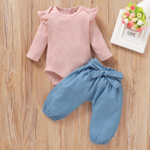 Baby Girl Dark Pink Ruffled Shoulder Bodysuit and Bowknot Jeans Set
