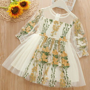 Baby / Toddler Girl Floral Embroidered Grenadine Ruffle Long-sleeve Dress