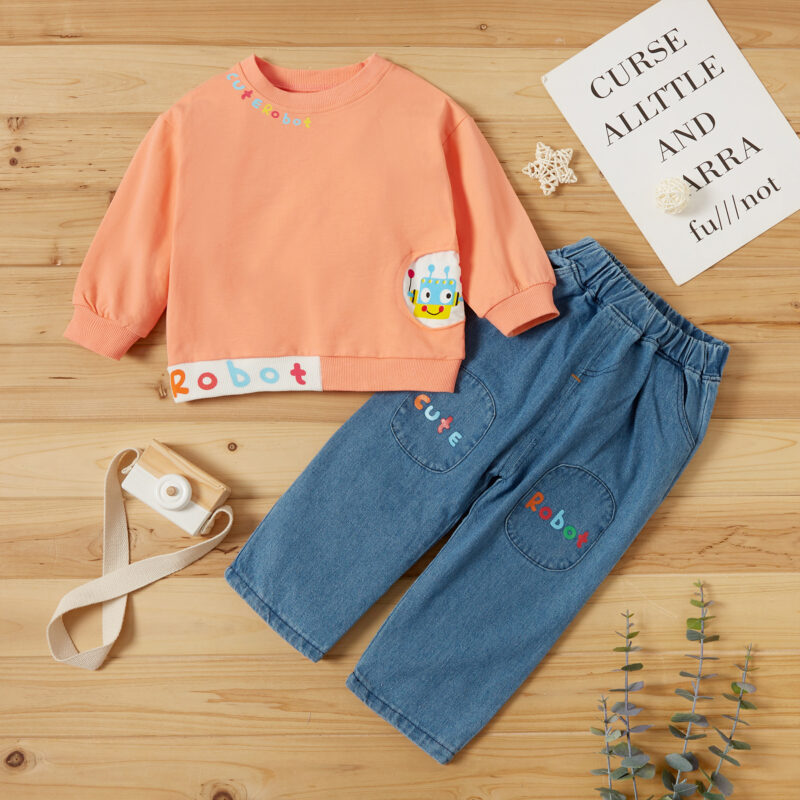 2-piece Baby / Toddler Boy Robot Letter Print Pullover and Jeans Set