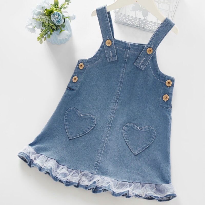 Baby / Toddler Girl Heart Lace Ruffled Denim Strap Dress
