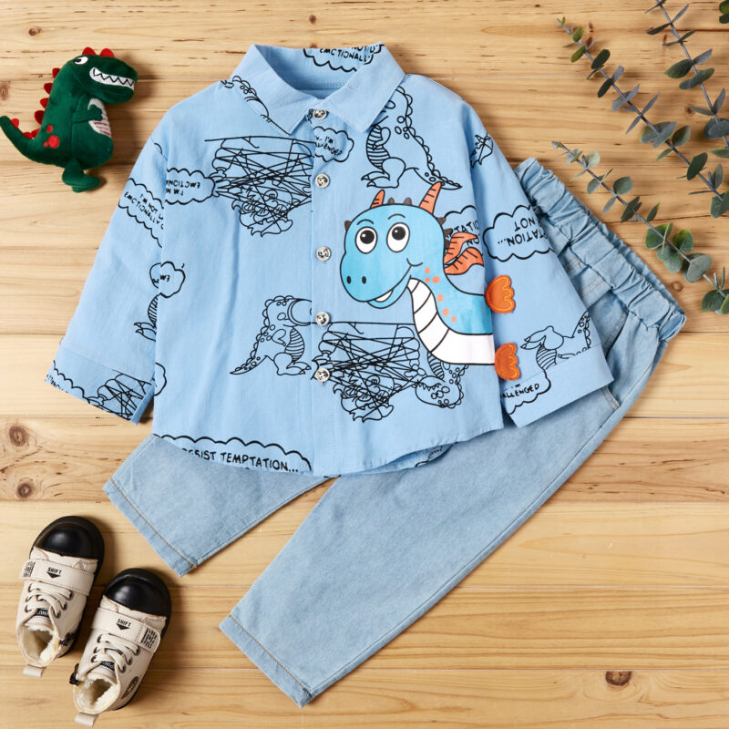 2-piece Baby / Toddler Boy Animal Dinosaur Letter Print Shirt and Solid Jeans Set