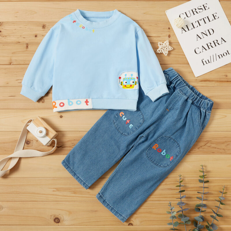 2-piece Baby / Toddler Boy Robot Letter Print Pullover and Jeans Set