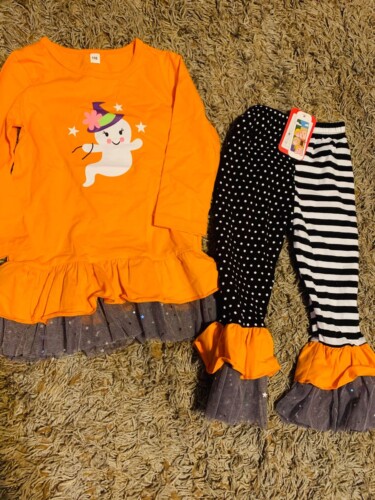 2-piece Baby / Toddler Girl Halloween Ghost Print Ruffle Long-sleeve Top and Colorblock Polka dots Striped Ruffle Grenadine Pants Set photo review