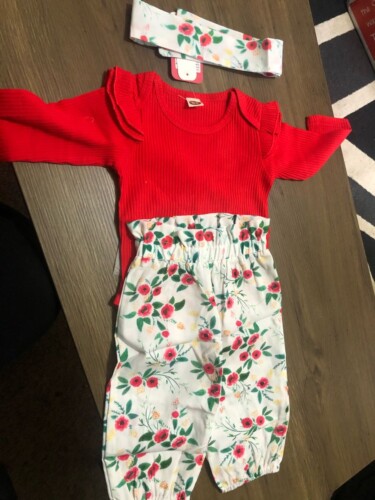 3-piece Baby Girl Solid Ruffled Shoulder Bodysuit and Floral Pants with Headband Set photo review