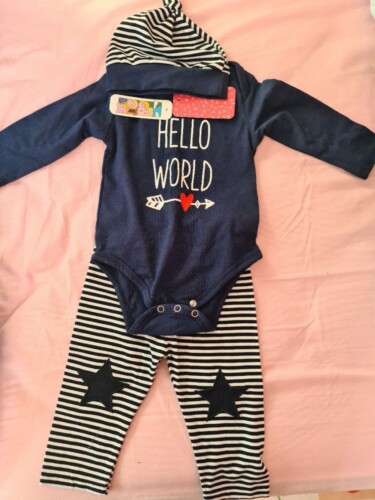 3-piece Baby HELLO WORLD Print Bodysuit and Striped Pants with Hat Set photo review