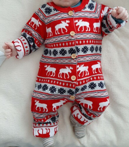 Baby Christmas Style Deer Print Stripe Design Long-sleeve Jumpsuit photo review