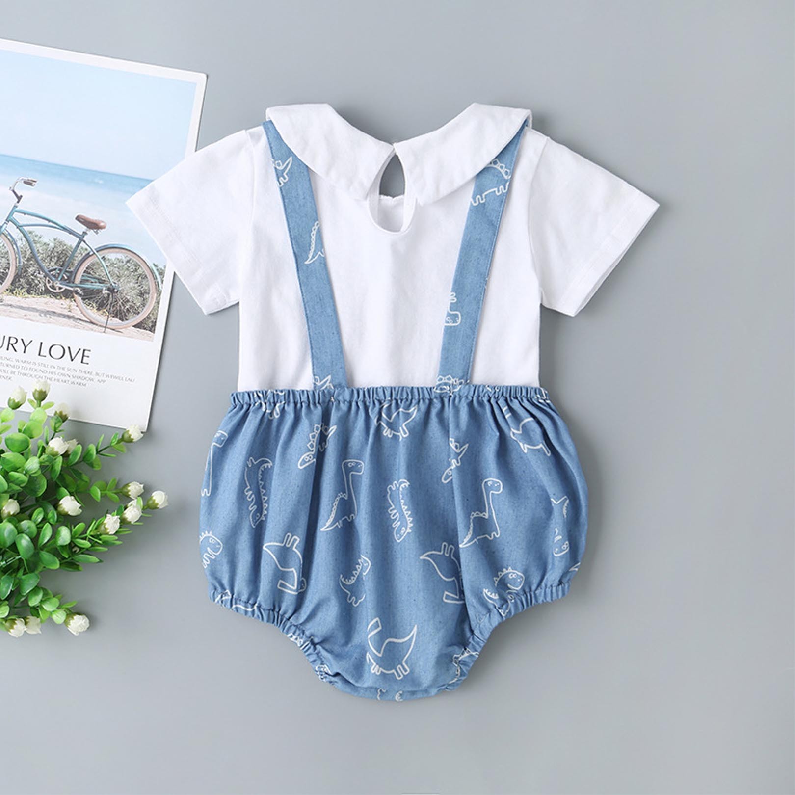 Baby Girls Lapel Short Sleeve Short Strap Shorts Two-piece Set (dinosaur pattern style)